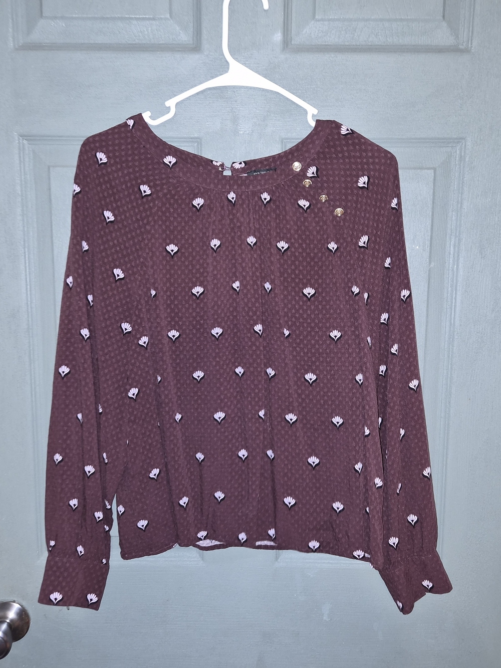 Ann Taylor Burgundy Printed Long-Sleeve Blouse